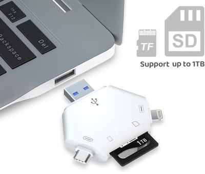 USB + 8-Pin + USB-C naar SD + Micro-SD (tf) - kaartlezer adapter hub - cardreader geheugenkaart lezer - geschikt voor o.a. iPhone en laptop - wit