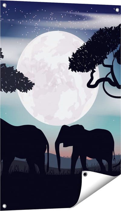 Gards Tuinposter Olifanten Silhouet tijdens Volle Maan - 60x90 cm - Tuindoek - Tuindecoratie - Wanddecoratie buiten - Tuinschilderij