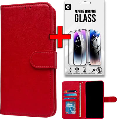 Casemania Hoesje Geschikt voor Samsung Galaxy A15 - Rood + Tempered Glazen Screenprotector - Luxe Portemonnee Book Case