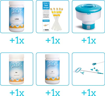 Zwembad Onderhoudspakket - Onderhoud Zwembad - bevat Chloor - Testrips - Chloordrijver - PH-min - PH-plus en Schoonmaakset (6-delig)