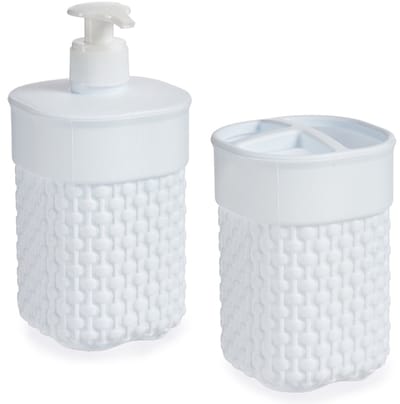 Berilo Badkamer accessoires set - 2-delig wit - kunststof - Zeeppompje - Tandenborstelbeker