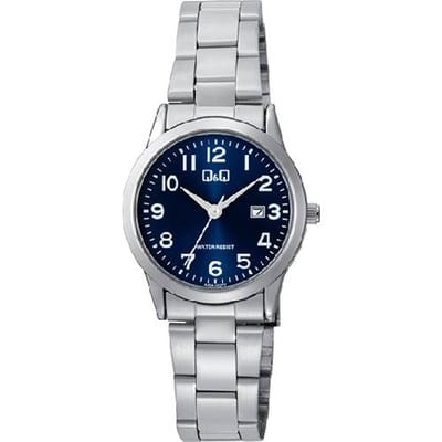 Q&Q-dameshorloge-model a45a-002-datum-duidelijke blauwe wijzerplaat-3 atm waterdicht-diameter 30 mm