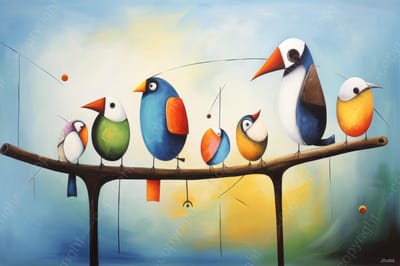 John Joseb Art (Aluminium) 60x40 | Vogels op een tak, abstract Picasso Joan Miro stijl, modern surrealisme, kleurrijk, kunst | dier, blauw, oranje, geel, bruin, rood | foto-schilderij op dibond, metaal wanddecoratie