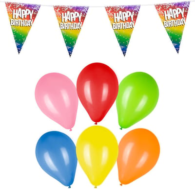 Boland Happy Birthday vlaggen en ballonnen set - 50 ballonnen - 6M vlaggenlijn