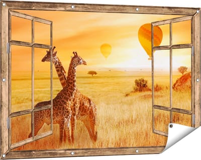 Gards Tuinposter Doorkijk Twee Giraffen met Twee Oranje Luchtballonnen - 120x80 cm - Tuindoek - Tuindecoratie - Wanddecoratie buiten - Tuinschilderij