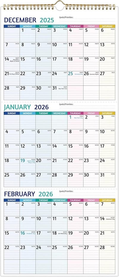 Grote Verticaal 3-Maanden Wandkalender 2025-2026 (April '25 - Juli '26) met Vakanties en Notities