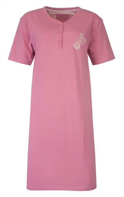 Medaillon Dames Nachthemd - Korte Mouwen - Knoopjes - Roze - Maat S
