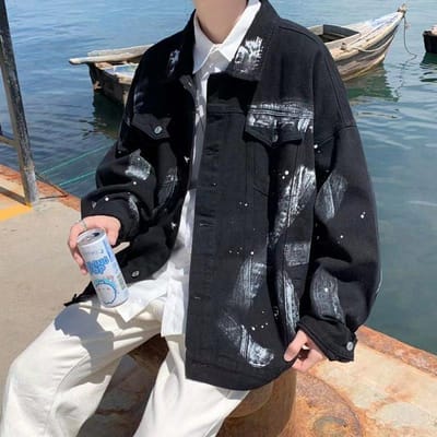 Lente en Herfst Graffiti Tie-Dye Denim Jas Herenontwerp Losse Hong Kong Stijl Knappe Zwarte Gown Jas S