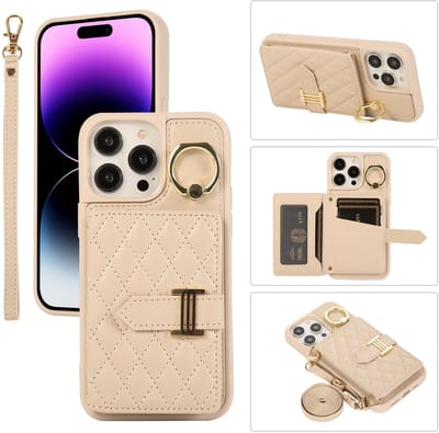 Telefoonhoesje geschikt voor Apple iPhone 16 Plus – Hoesje, Portemonnee én Tas in 1 – Met Schouderband – Beige