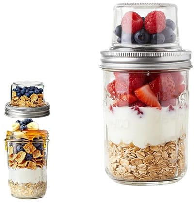 KZQ Havermoutbekers - Dubbelwandige glazen bekers met deksels, met gescheiden compartimenten voor droge en natte ingrediënten - Geschikt voor yoghurt, overnight oatmeal en snelle ontbijtjes - Transparant, vaatwasmachinebestendig, set van 2