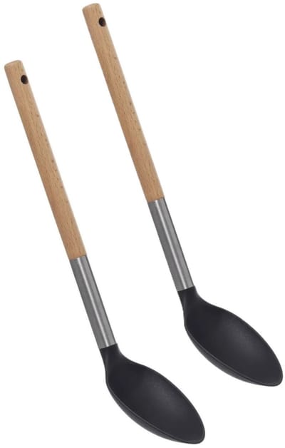 5Five Voedsel opscheplepel - 2x - zwart/lichtbruin - hout/rvs/kunststof - 32 cm - Keukengerei/groente/aardappels/rijst