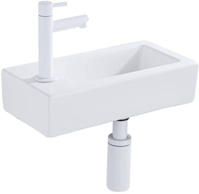 QeramiQ Fuente Fonteinset - 37.5x18.5x9cm - keramiek - kraangat links - fonteinkraan mat wit - afvoerplug - verlaagd sifon - Mat wit