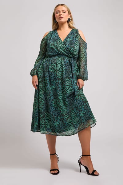 Yours London Midaxijurk Met Omslag, Dierenprint En Blote Schouders In Groen Size 42