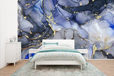Behang - Fotobehang Marmer - Goud - Abstract - Blauw - Breedte 435 cm x hoogte 260 cm