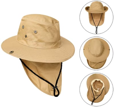 Safari Hoed – Vissershoedje met Nekbescherming – Zonhoed Heren & Dames – Ademend en Lichtgewicht – Outdoor hoedje – Bescherming tegen Zon en UV – Met Trekkoord – Khaki/beige