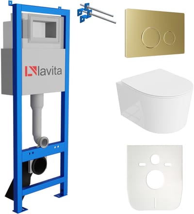 LAVITA® Inbouwreservoir Complete Toiletset LAV 101 - Inbouw WC Hangtoilet Wandcloset LOSO Wit Hoogglans - Bedieningsplaat 200.4.5 Gouden - Voorwandelement voor toilet 40cm - Installatiesysteem