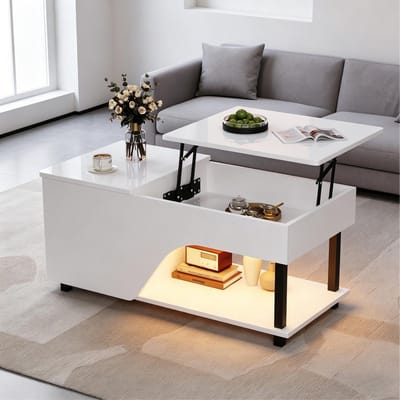 STILVORA Salontafel - Hoogteverstelbaar Met Verborgen Opbergruimte En Led - Voor Woonkamer - Spaanplaat Wit - 100x50x46 cm