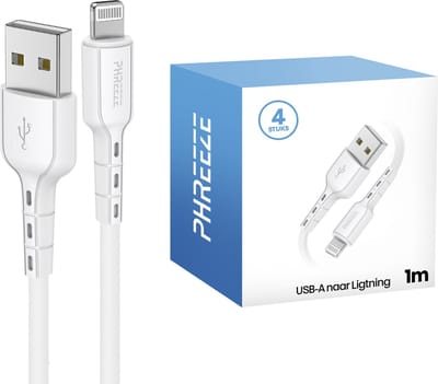 Oplaadkabel geschikt voor iPhone - 4 pack - Oplaadkabel - Wit - 1 meter - Phreeze
