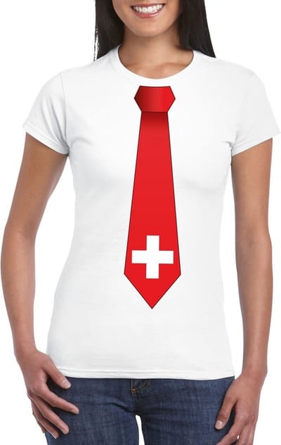 Wit t-shirt met Zwitserse vlag stropdas dames - Zwitserland supporter S
