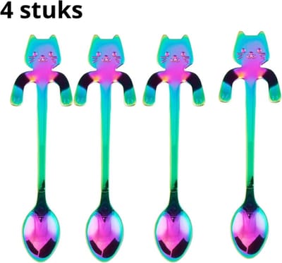 4 Theelepels Hangende Kat - Koffie & Thee Lepeltjes - Hangende Kat - Regenboog - 4 Stuks