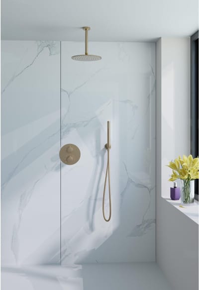 FugaFlow Eccelente Acces Inbouw Regendoucheset - rond - thermostatisch - plafondarm - 25cm hoofddouche - staaf handdouche - gladde slang - Geborsteld Messing PVD (Goud)