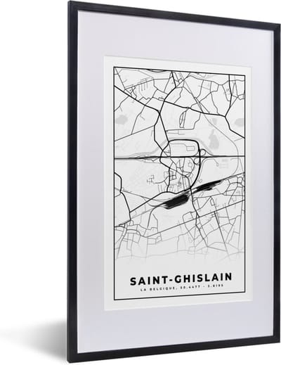 Fotolijst incl. Poster Zwart Wit- Zwart Wit – België – Plattegrond – Stadskaart – Kaart – Saint Ghislain - 40x60 cm - Posterlijst