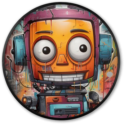 Poster in lijst Rond - Fotolijst 60x60 cm - Posters - Robot - Graffiti - Oranje - Kleuren - Ronde posterlijst zwart - Decoratie - Wanddecoratie woonkamer - Muurdecoratie slaapkamer