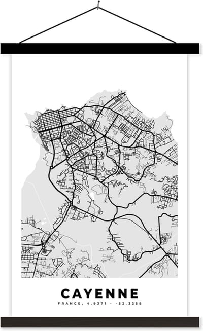 Posterhanger incl. Poster 40x60 cm - Schoolplaat - Plattegrond - Cayenne - Stadskaart - Kaart - Frankrijk - Textielposter - Zwarte latten - Stadskaart
