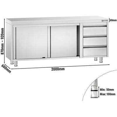 GGM Gastro Edelstahl Arbeitsschrank PREMIUM - 2000x600mm - mit 3 Schubladen rechts