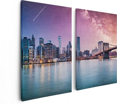 Artaza Canvas Schilderij Tweeluik New York Skyline Met Een Kleurrijke Hemel - 80x60 - Foto Op Canvas - Canvas Print
