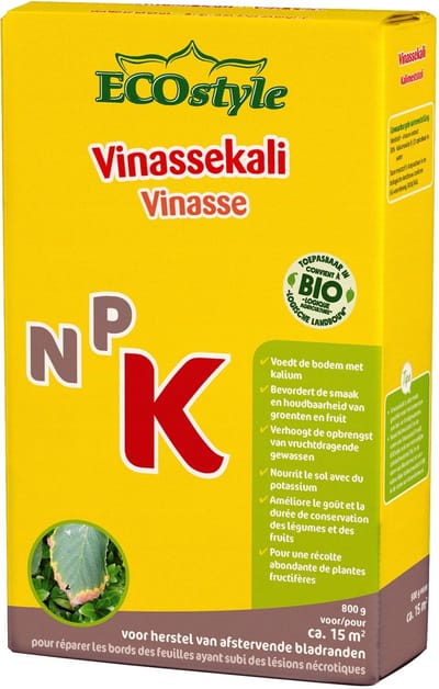 ECOStyle Vinassekali Organische Meststof - Vuor Kaliumtekort - Voor Moestuin, Siertuin en Fruit - Hoger Weerstand tegen Droogte & Vorst - 15M² - 800 GR