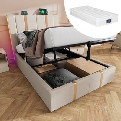 Gestoffeerd bed met USB Type-C oplaadfunctie, app-bediening, ledverlichting, eenpersoonsbed 90x200 cm, bedframe met opbergruimte, lattenbodem van hout, beige linnen bekleding (inclusief matras)
