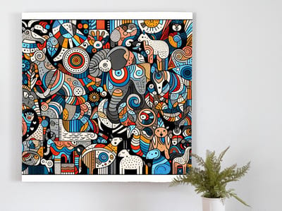 Abstract dieren schilderij | Exotische fauna verstrengeld in expressief, abstract kunstwerk vol kleuren | Kunst - 75x75 centimeter op Forex | Foto op Forex