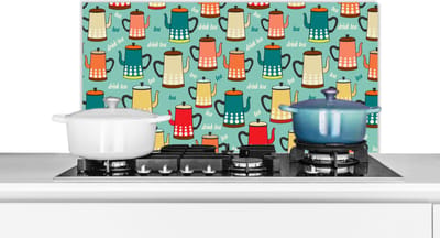 Spatscherm keuken 90x45 cm - Kookplaat achterwand Patronen - Thee - Theepot - Vintage - Muurbeschermer - Spatwand fornuis - Hoogwaardig aluminium
