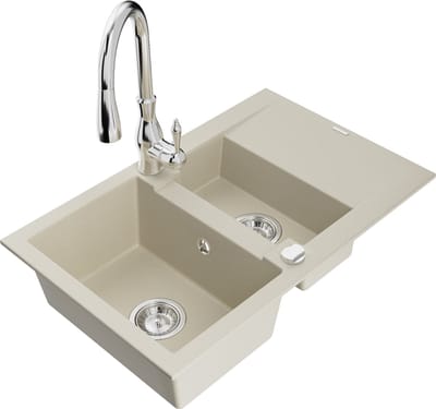 Mexen Gaspar granieten gootsteen 1,5-kamer met afdruiprek en keukenmengkraan Savita, beige - 6507-69-672601-00