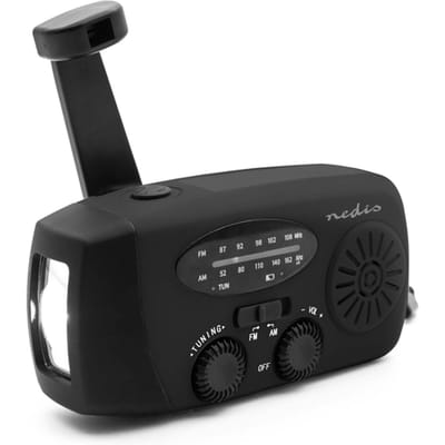 Nedis Noodradio - AM / FM - Opwindbaar & Op Batterijen - Met Zaklamp - Solar Powerbank - Noodpakket & Voor Rampen - Zwart