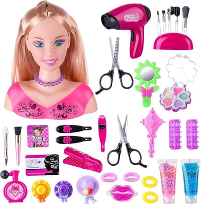 Poppenhoofd Styling Set - Kappershoofd Kinderen - Creatief Spel - 35 Delige Accessoires - 24 x 14 x 18 cm