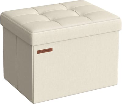 Crème Witte Zitkist - Opbergdoos - Poef - MDF - Linnen - Hoge Veerkracht Schuim - 31cm x 41cm x 31cm