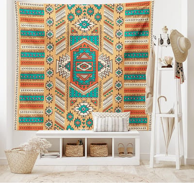 ABAKUHAUS Azteeks Wandtapijt, Bohemien patroon, Woonkamer Slaapkamer Wanddoek Zijdezacht Satijn Wandtapijt, 150 x 100 cm, Abrikozenoranje en Teal