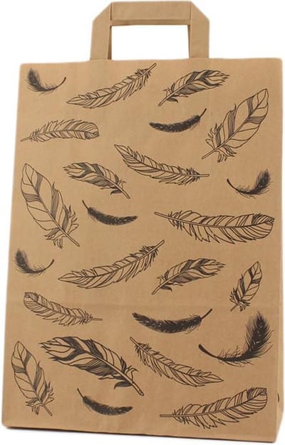 Papieren draagtassen - veertjes design - FSC® papier - 32 + 12 x 40 cm - 90 grs. bruin FSC® papier - 20 stuks