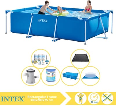 Intex Rechthoekig Frame Zwembad - 300 x 200 x 75 cm - Blauw - Inclusief Solarzeil - Onderhoudspakket - Zwembadfilterpomp - Filter - Grondzeil - Solar Mat - 7-delig