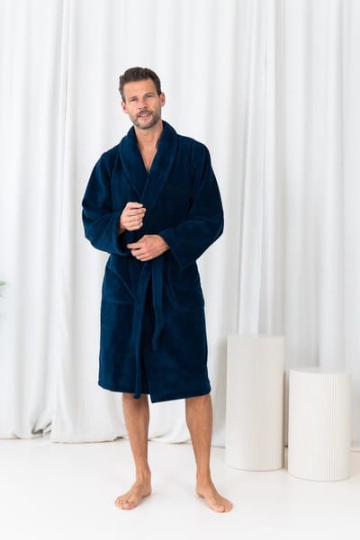 Casilin - Badjas Teddy voor Dames en Heren - Maat L - Voor Volwassen - Met riem - Badstof, Fleece, Katoen - Absorberend - Wasmachinebestendig - Donkerblauw, Blauw