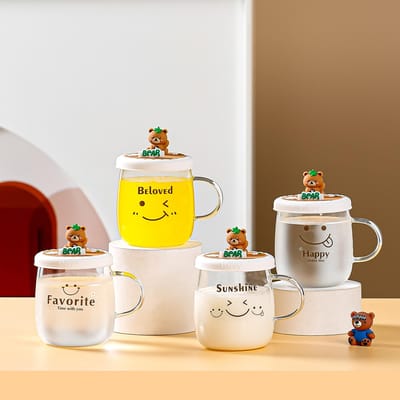 Hoge Borosilicaat Glas Kop met Deksel Beer Schattige Waterbeker Hoge Temperatuur Bestendig Meisjes Kantoorbeker Creatieve Persoonlijkheid Cartoon Beker 500ML brown