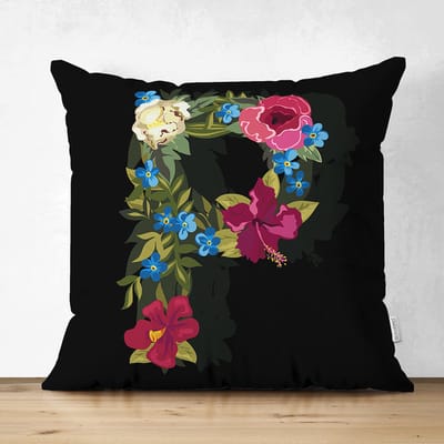 Velvet Kussenhoesjes - kussenhoes - Letter P van bloemen op zwart - 45x45 cm - Kussenloop - Fluweel - Valentijn Cadeau