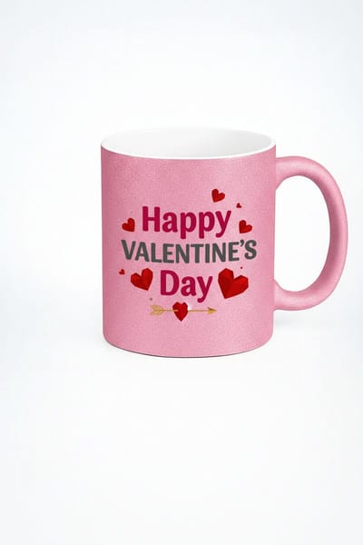 Roze Glitter Valentijnsdag Mok - Happy Valentine's Day met Harten & Pijl - Liefde Cadeau