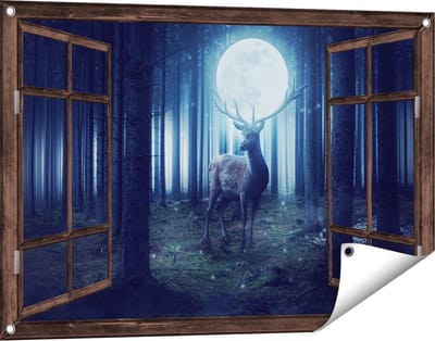Gards Tuinposter Doorkijk Hert in het Bos tijdens Volle Maan - 90x60 cm - Tuindoek - Tuindecoratie - Wanddecoratie buiten - Tuinschilderij