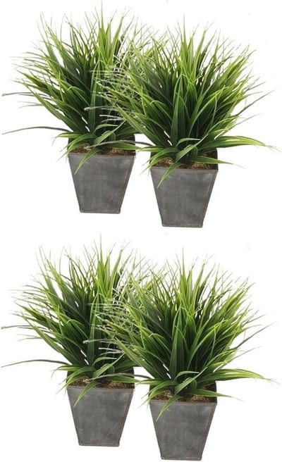Grasplant in zwarte zinken pot - 4x - 30 cm - Kamerplant kunstplanten/nepplanten