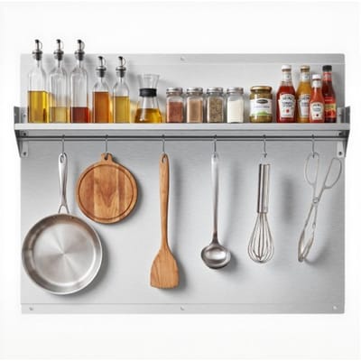 VEVOR Keukenachterwand 76 X 61 cm, Gemaakt van Roestvrij Staal, Wandbescherming voor Kookplaat en Afzuigkap met Plank, Haken en Voorgeboorde Gaten, Robuuste Achterwand voor Keuken, Koken en Praktische Opbergruimte