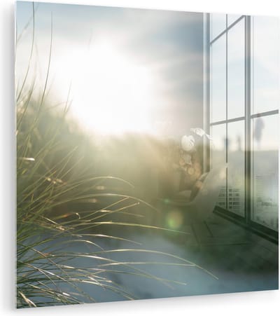 MuchoWow® Glasschilderij 50x50 cm - Schilderij acrylglas - Strand - Duin - Zon - Foto op glas - Muurdecoratie woonkamer - Wanddecoratie slaapkamer - Schilderijen