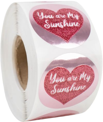 Cadeau stickers - 500 stuks - 'You are my sunshine' Roze glitters 50mm - Stickers volwassenen - Sluitstickers - Sluitzegel - Ronde stickers op rol